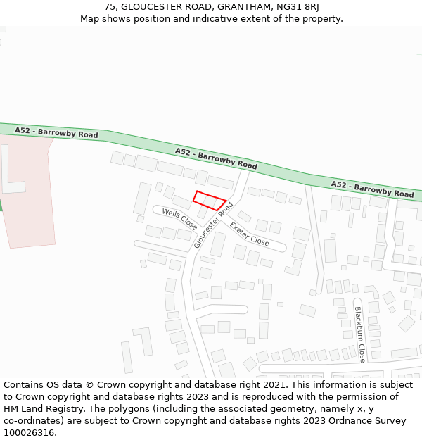 75, GLOUCESTER ROAD, GRANTHAM, NG31 8RJ: Location map and indicative extent of plot