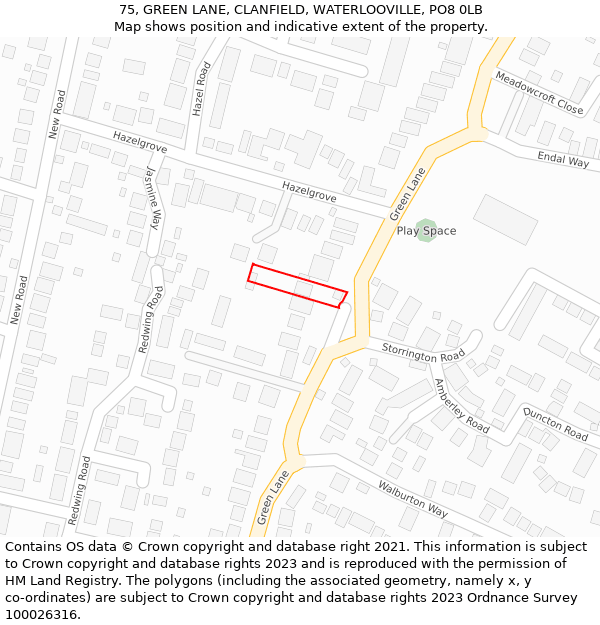 75, GREEN LANE, CLANFIELD, WATERLOOVILLE, PO8 0LB: Location map and indicative extent of plot