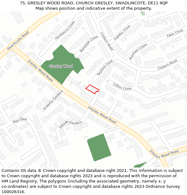 75, GRESLEY WOOD ROAD, CHURCH GRESLEY, SWADLINCOTE, DE11 9QP: Location map and indicative extent of plot