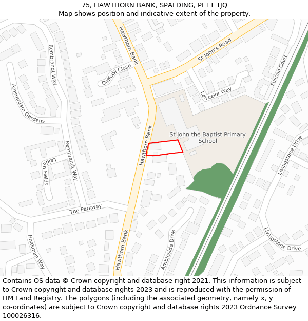 75, HAWTHORN BANK, SPALDING, PE11 1JQ: Location map and indicative extent of plot