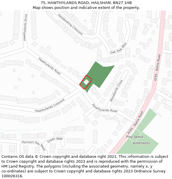 75, HAWTHYLANDS ROAD, HAILSHAM, BN27 1HB: Location map and indicative extent of plot