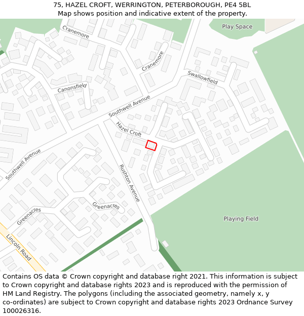 75, HAZEL CROFT, WERRINGTON, PETERBOROUGH, PE4 5BL: Location map and indicative extent of plot