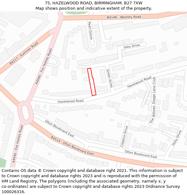 75, HAZELWOOD ROAD, BIRMINGHAM, B27 7XW: Location map and indicative extent of plot