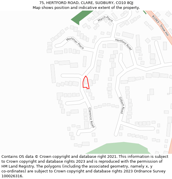 75, HERTFORD ROAD, CLARE, SUDBURY, CO10 8QJ: Location map and indicative extent of plot