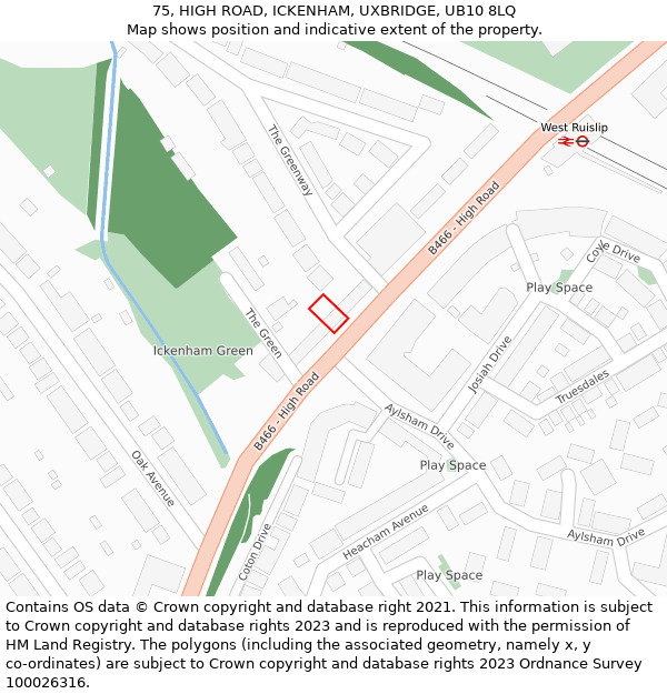 75, HIGH ROAD, ICKENHAM, UXBRIDGE, UB10 8LQ: Location map and indicative extent of plot