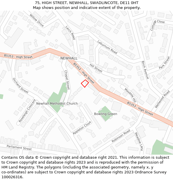 75, HIGH STREET, NEWHALL, SWADLINCOTE, DE11 0HT: Location map and indicative extent of plot