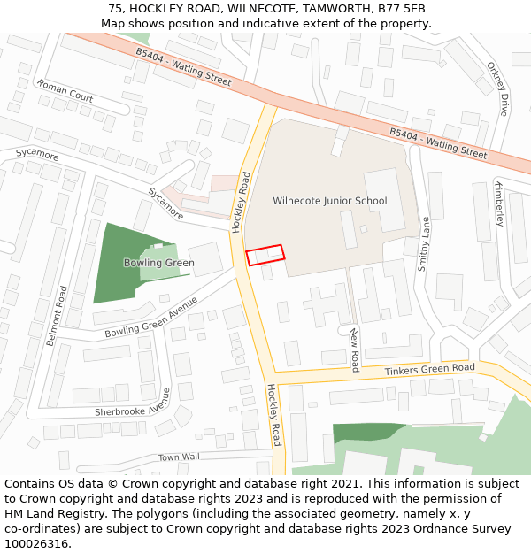 75, HOCKLEY ROAD, WILNECOTE, TAMWORTH, B77 5EB: Location map and indicative extent of plot