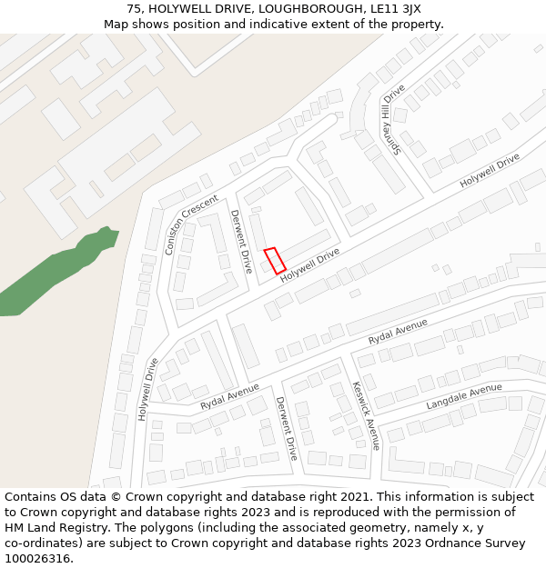 75, HOLYWELL DRIVE, LOUGHBOROUGH, LE11 3JX: Location map and indicative extent of plot