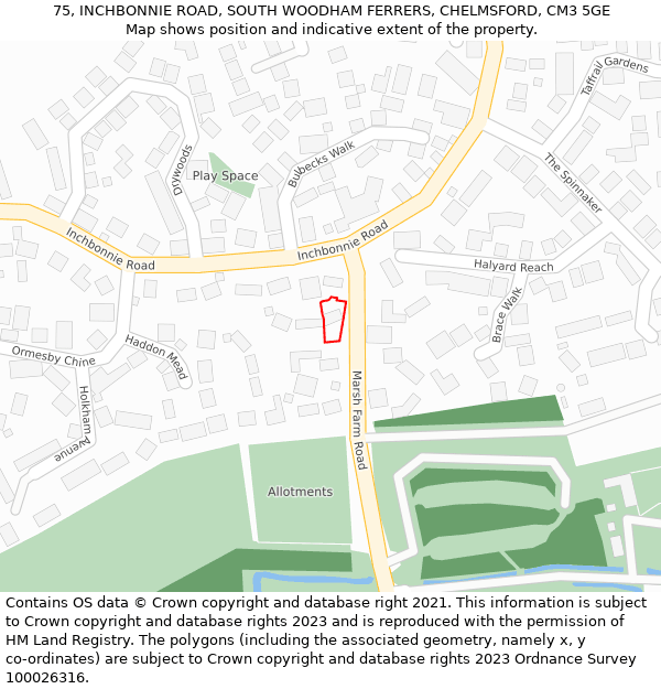 75, INCHBONNIE ROAD, SOUTH WOODHAM FERRERS, CHELMSFORD, CM3 5GE: Location map and indicative extent of plot