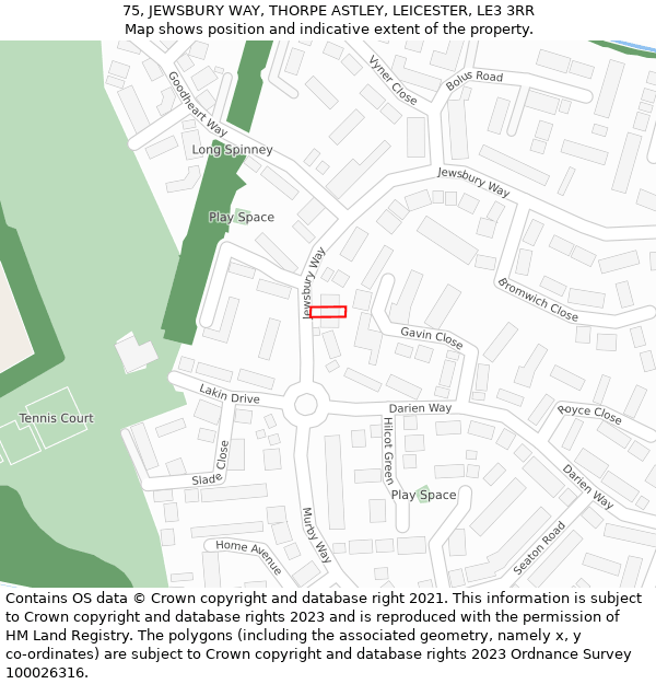 75, JEWSBURY WAY, THORPE ASTLEY, LEICESTER, LE3 3RR: Location map and indicative extent of plot