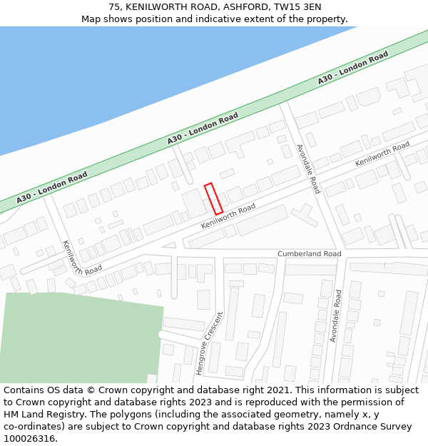 75, KENILWORTH ROAD, ASHFORD, TW15 3EN: Location map and indicative extent of plot