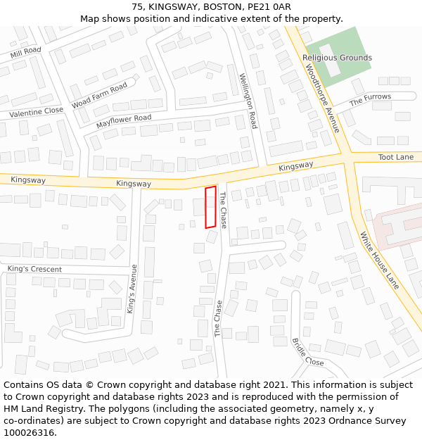 75, KINGSWAY, BOSTON, PE21 0AR: Location map and indicative extent of plot