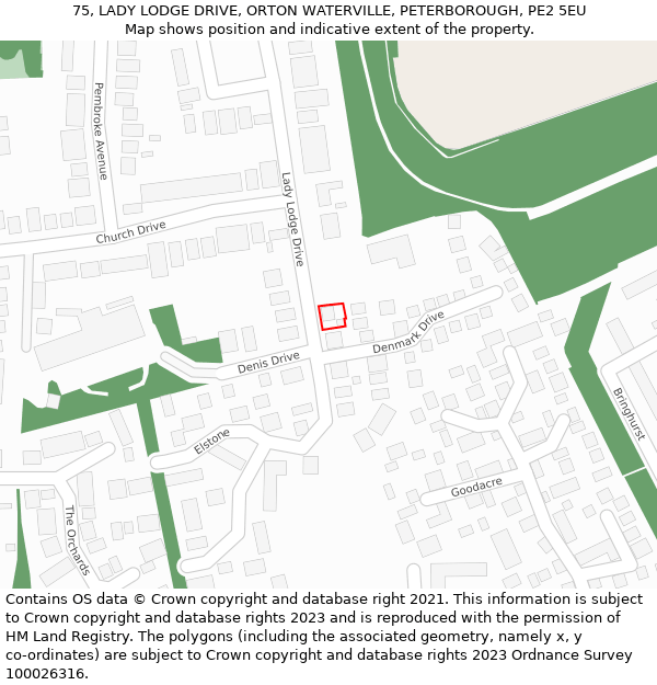 75, LADY LODGE DRIVE, ORTON WATERVILLE, PETERBOROUGH, PE2 5EU: Location map and indicative extent of plot