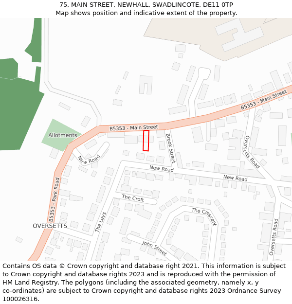 75, MAIN STREET, NEWHALL, SWADLINCOTE, DE11 0TP: Location map and indicative extent of plot