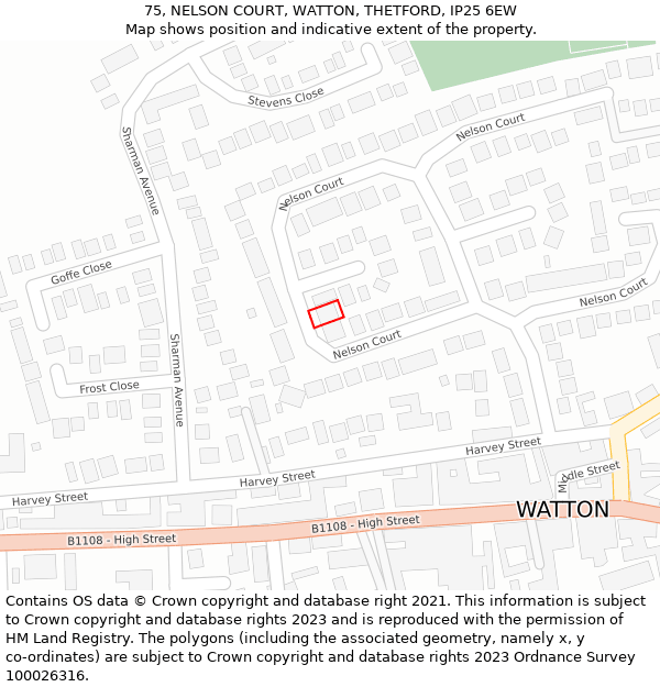 75, NELSON COURT, WATTON, THETFORD, IP25 6EW: Location map and indicative extent of plot