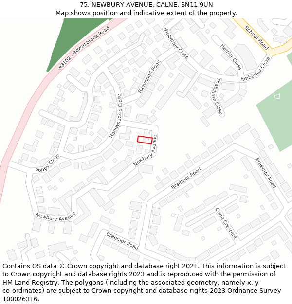 75, NEWBURY AVENUE, CALNE, SN11 9UN: Location map and indicative extent of plot