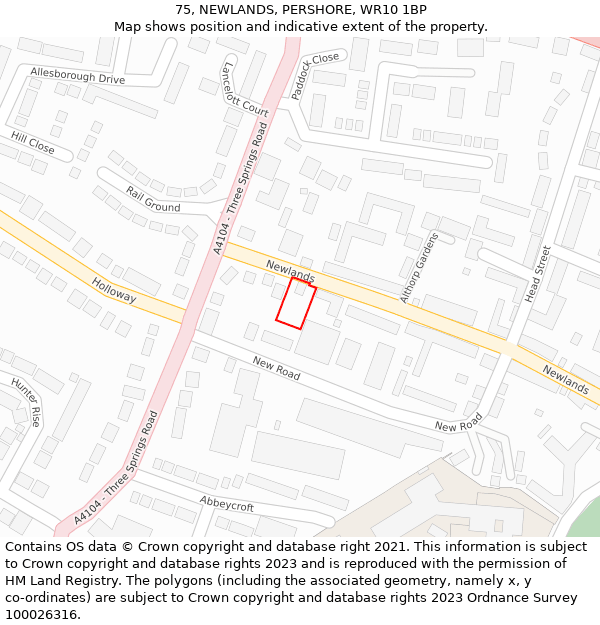 75, NEWLANDS, PERSHORE, WR10 1BP: Location map and indicative extent of plot