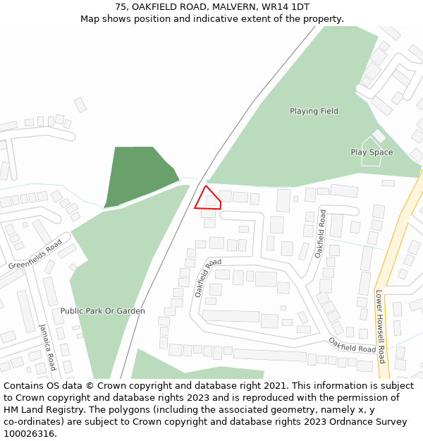 75, OAKFIELD ROAD, MALVERN, WR14 1DT: Location map and indicative extent of plot