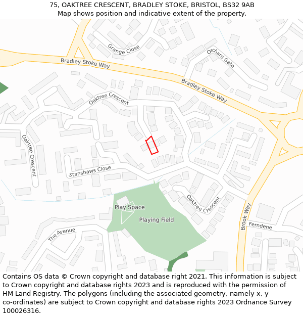 75, OAKTREE CRESCENT, BRADLEY STOKE, BRISTOL, BS32 9AB: Location map and indicative extent of plot