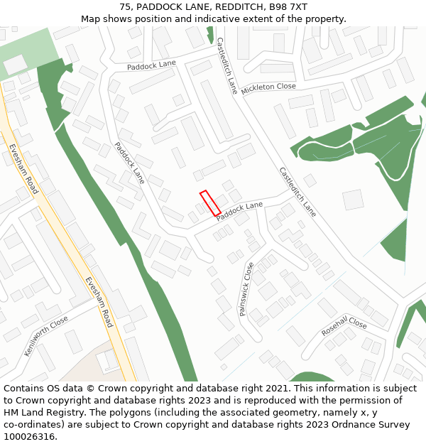 75, PADDOCK LANE, REDDITCH, B98 7XT: Location map and indicative extent of plot