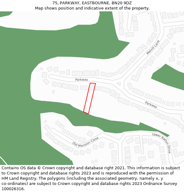 75, PARKWAY, EASTBOURNE, BN20 9DZ: Location map and indicative extent of plot
