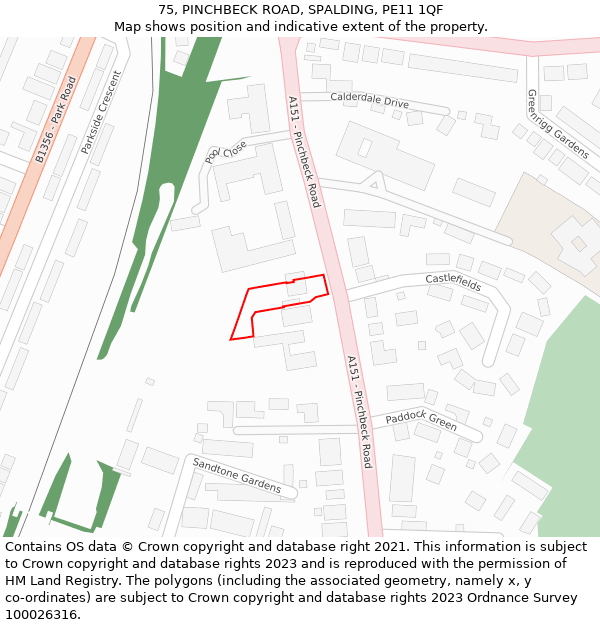 75, PINCHBECK ROAD, SPALDING, PE11 1QF: Location map and indicative extent of plot