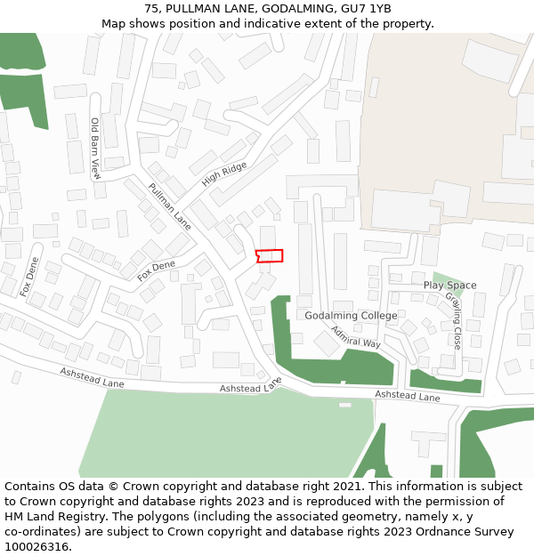 75, PULLMAN LANE, GODALMING, GU7 1YB: Location map and indicative extent of plot