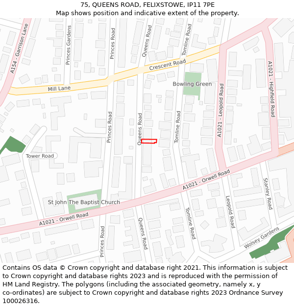 75, QUEENS ROAD, FELIXSTOWE, IP11 7PE: Location map and indicative extent of plot