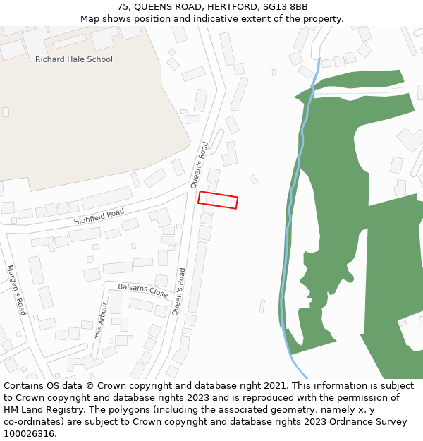 75, QUEENS ROAD, HERTFORD, SG13 8BB: Location map and indicative extent of plot