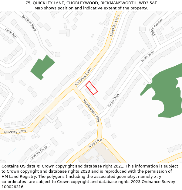 75, QUICKLEY LANE, CHORLEYWOOD, RICKMANSWORTH, WD3 5AE: Location map and indicative extent of plot