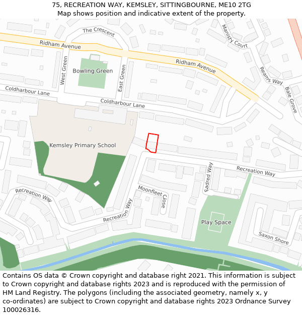 75, RECREATION WAY, KEMSLEY, SITTINGBOURNE, ME10 2TG: Location map and indicative extent of plot