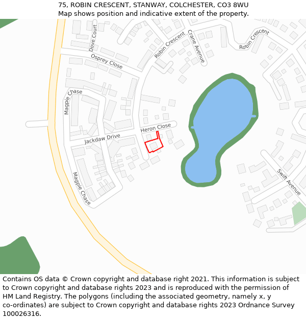 75, ROBIN CRESCENT, STANWAY, COLCHESTER, CO3 8WU: Location map and indicative extent of plot