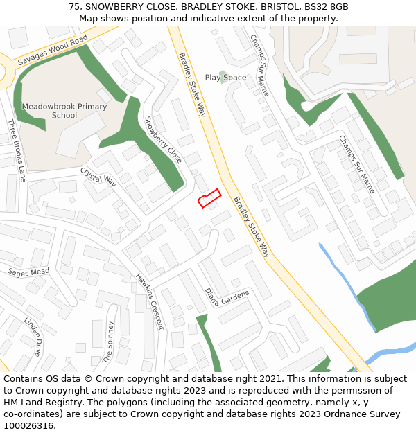 75, SNOWBERRY CLOSE, BRADLEY STOKE, BRISTOL, BS32 8GB: Location map and indicative extent of plot