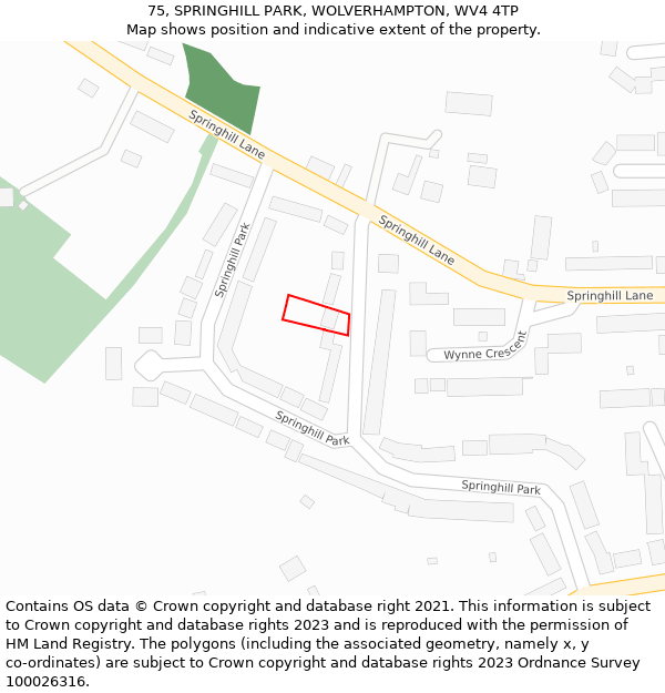 75, SPRINGHILL PARK, WOLVERHAMPTON, WV4 4TP: Location map and indicative extent of plot