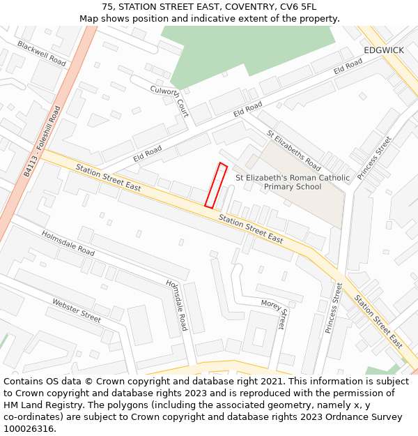 75, STATION STREET EAST, COVENTRY, CV6 5FL: Location map and indicative extent of plot