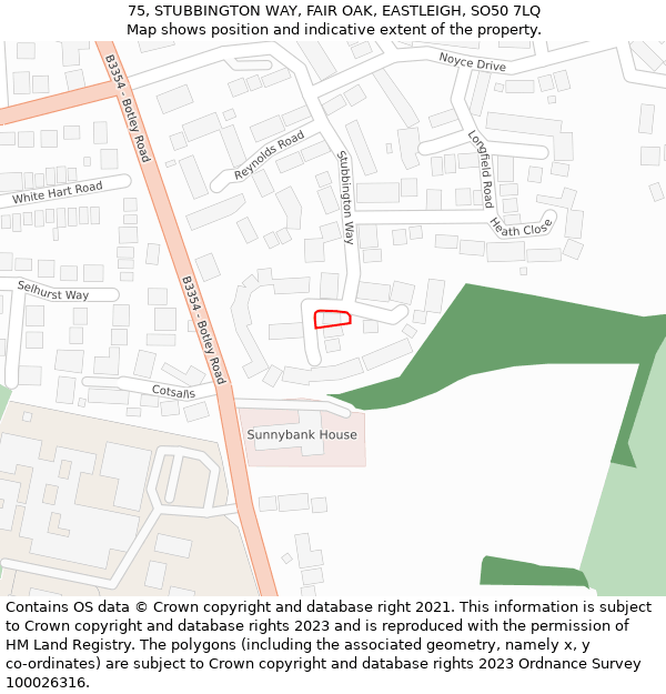 75, STUBBINGTON WAY, FAIR OAK, EASTLEIGH, SO50 7LQ: Location map and indicative extent of plot