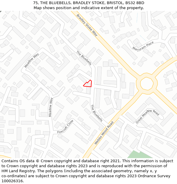 75, THE BLUEBELLS, BRADLEY STOKE, BRISTOL, BS32 8BD: Location map and indicative extent of plot
