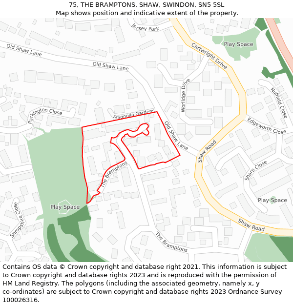 75, THE BRAMPTONS, SHAW, SWINDON, SN5 5SL: Location map and indicative extent of plot