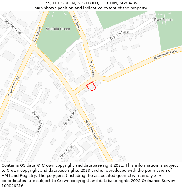 75, THE GREEN, STOTFOLD, HITCHIN, SG5 4AW: Location map and indicative extent of plot