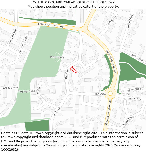 75, THE OAKS, ABBEYMEAD, GLOUCESTER, GL4 5WP: Location map and indicative extent of plot