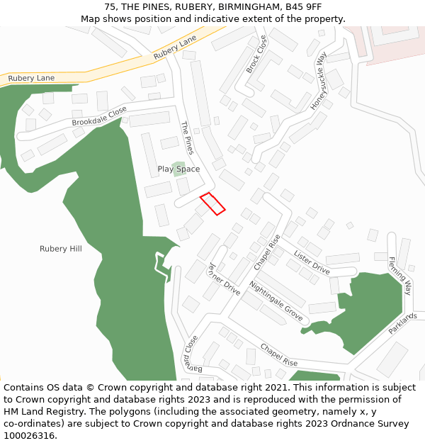 75, THE PINES, RUBERY, BIRMINGHAM, B45 9FF: Location map and indicative extent of plot