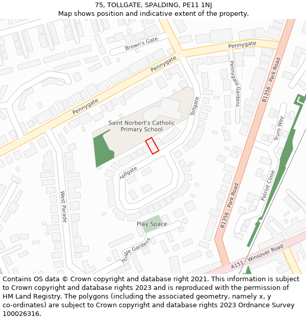 75, TOLLGATE, SPALDING, PE11 1NJ: Location map and indicative extent of plot