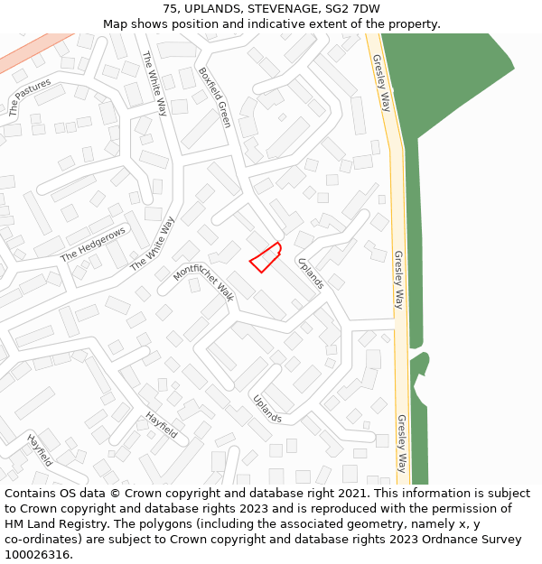 75, UPLANDS, STEVENAGE, SG2 7DW: Location map and indicative extent of plot