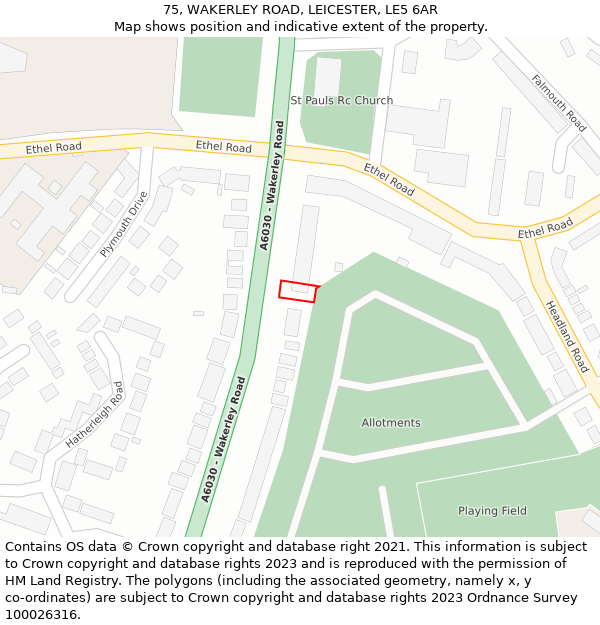75, WAKERLEY ROAD, LEICESTER, LE5 6AR: Location map and indicative extent of plot