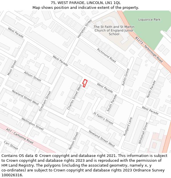 75, WEST PARADE, LINCOLN, LN1 1QL: Location map and indicative extent of plot