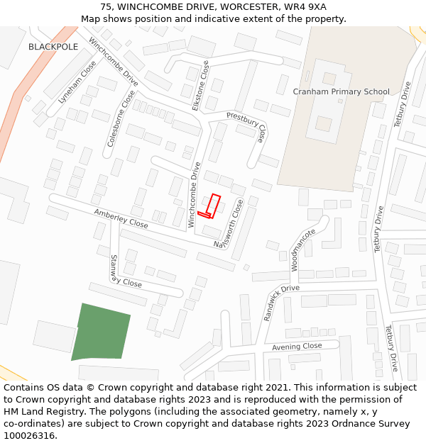 75, WINCHCOMBE DRIVE, WORCESTER, WR4 9XA: Location map and indicative extent of plot