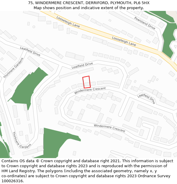 75, WINDERMERE CRESCENT, DERRIFORD, PLYMOUTH, PL6 5HX: Location map and indicative extent of plot