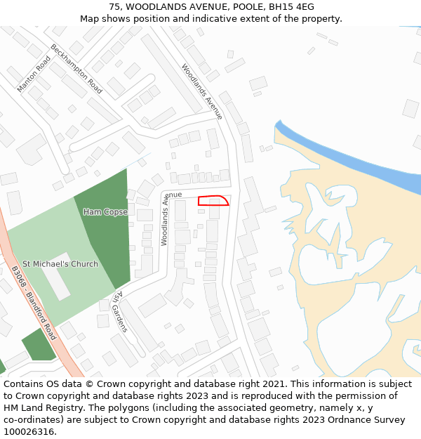 75, WOODLANDS AVENUE, POOLE, BH15 4EG: Location map and indicative extent of plot