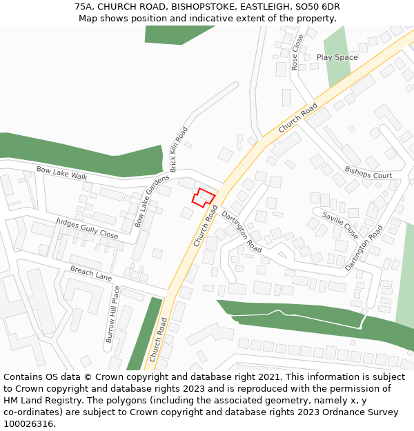 75A, CHURCH ROAD, BISHOPSTOKE, EASTLEIGH, SO50 6DR: Location map and indicative extent of plot