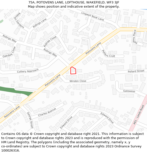 75A, POTOVENS LANE, LOFTHOUSE, WAKEFIELD, WF3 3JF: Location map and indicative extent of plot